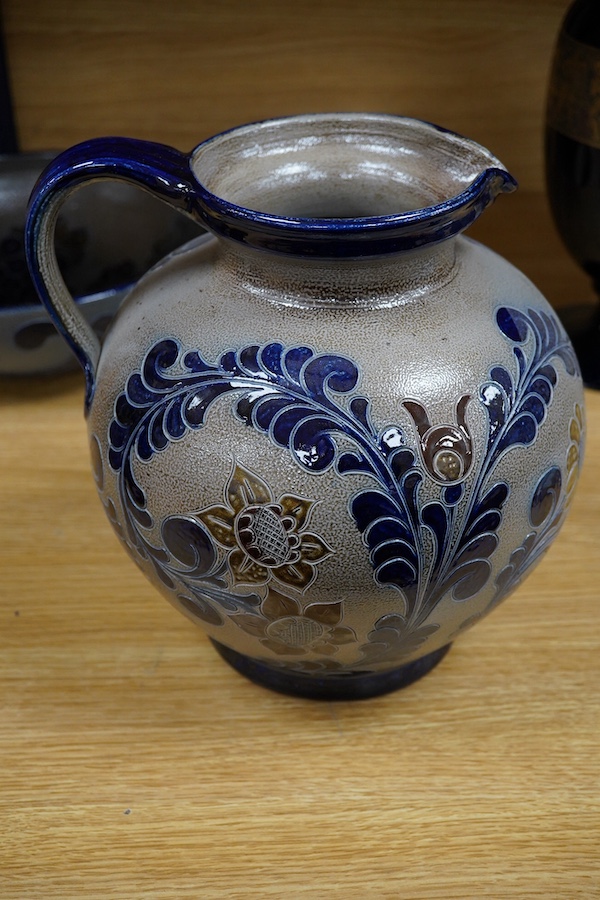 A signed Moser gilt glass vase, early 20th century together with a German salt glazed jug and bowl, tallest 34cm. Condition - good